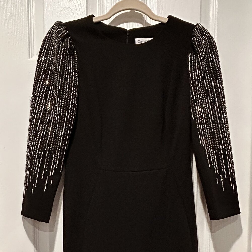 Calvin Klein in Elegant Black Dress with Embellished Sleeves NWT